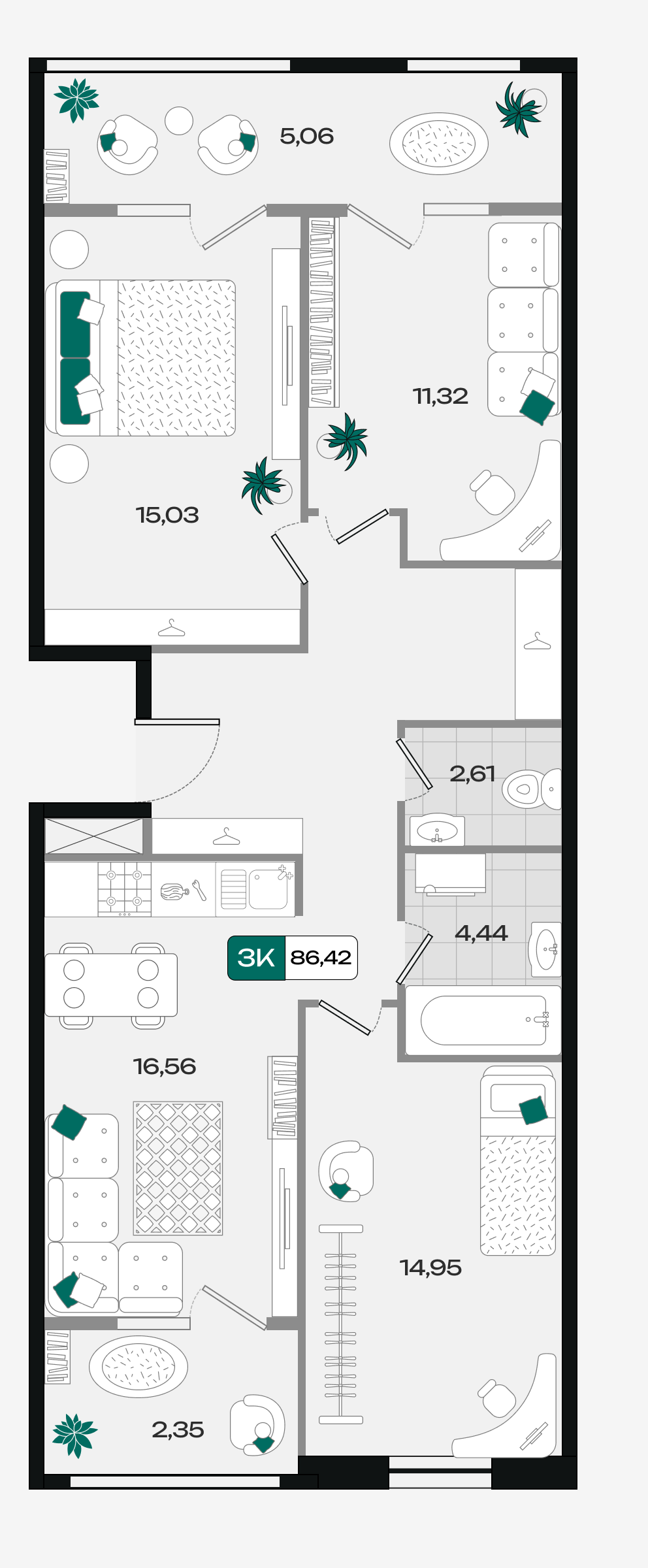 Планировка: 3-комн. квартира 86,4 м²