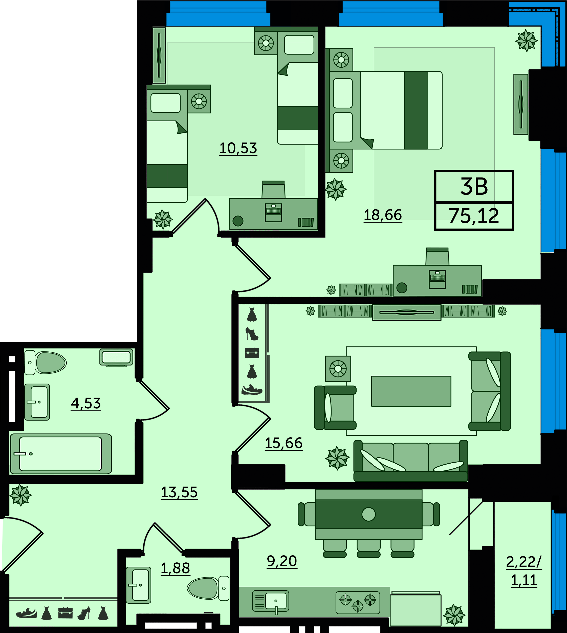 Планировка 3-комнатная 75,12 м²