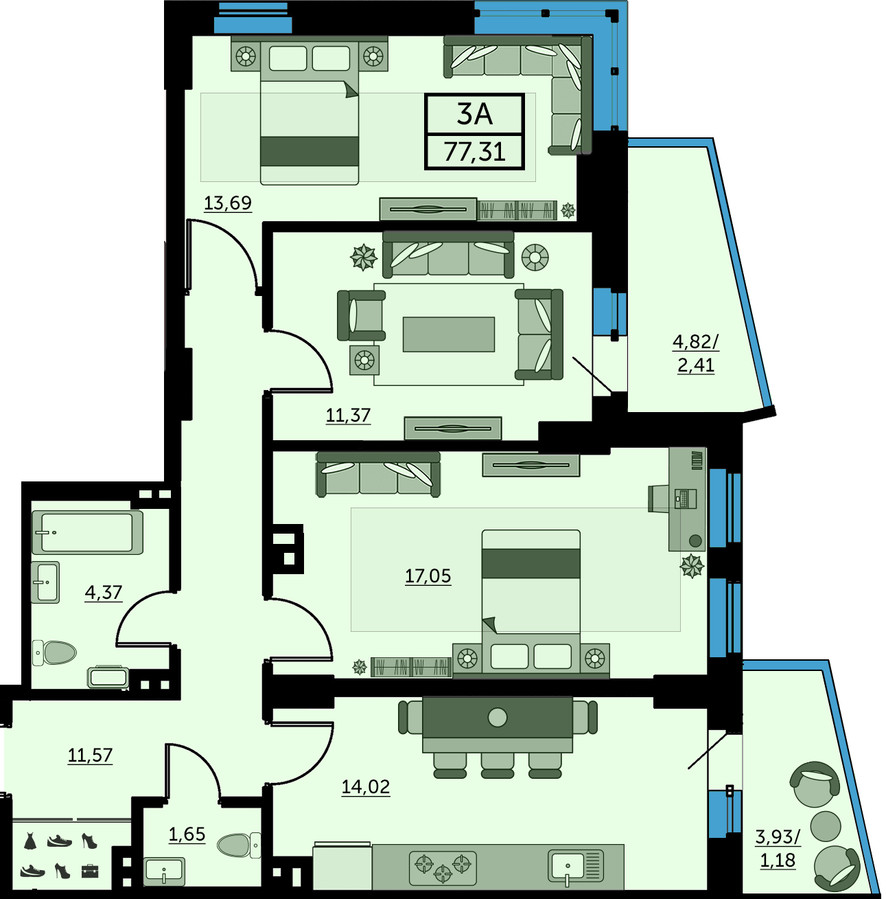 Планировка 3-комнатная 76,5 м²