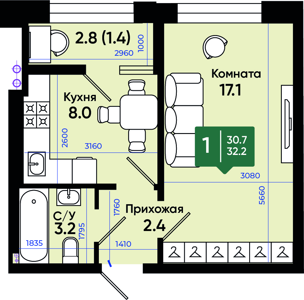 Планировка: 1-комн. квартира 33,1 м²