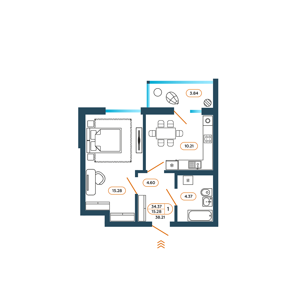 Планировка: 1-комн. квартира 38,9 м²