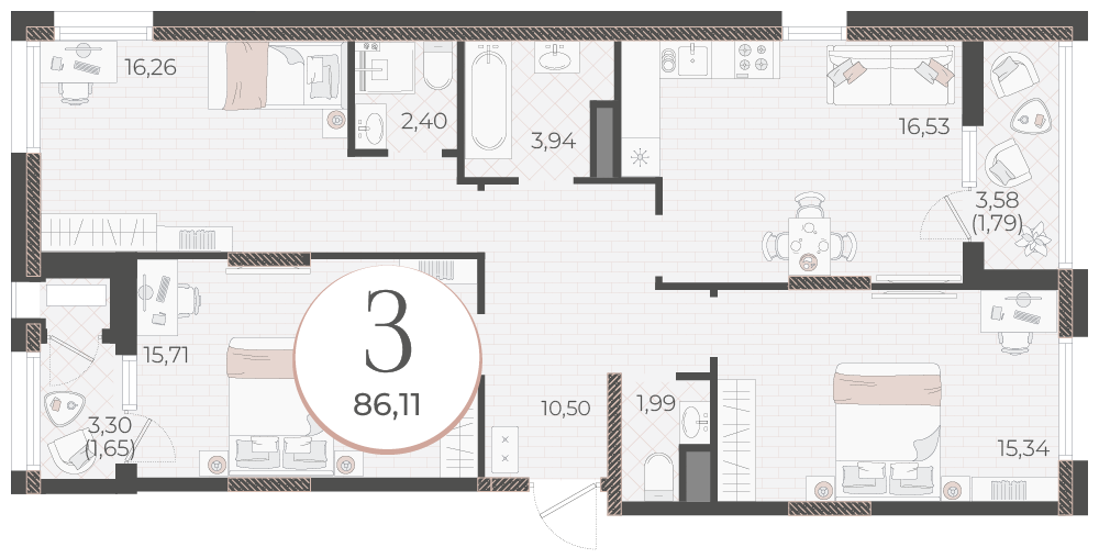 Планировка 3-комнатная 86,11 м²