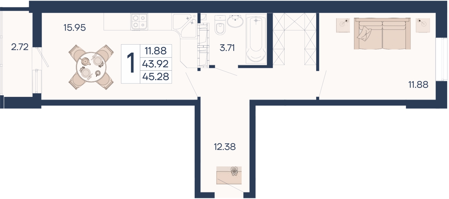 Планировка: 1-комн. квартира 45,3 м²