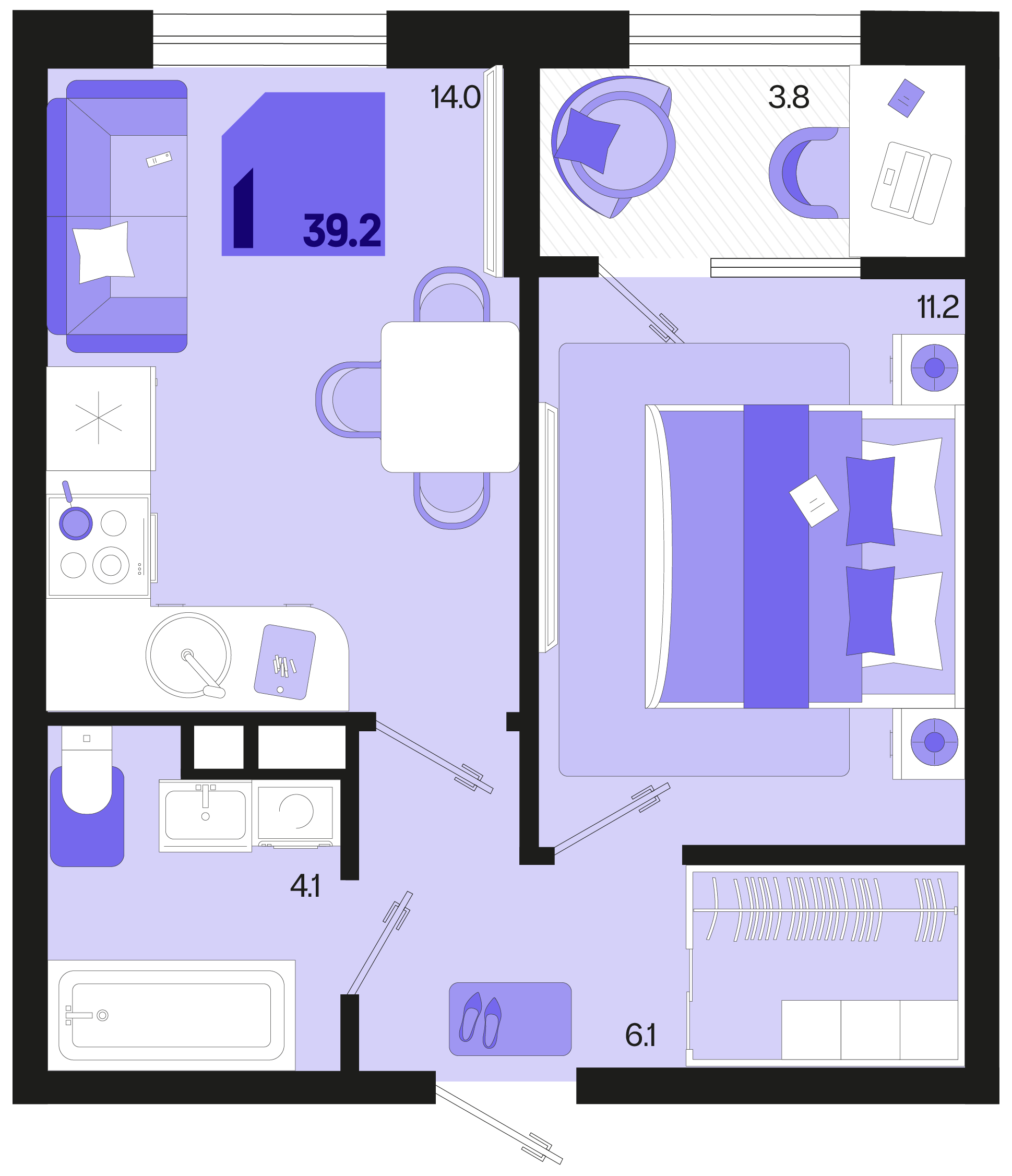 Планировка 1-комнатная 39,2 м²