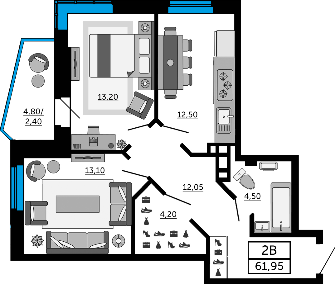 Планировка 2-комнатная 61,65 м²