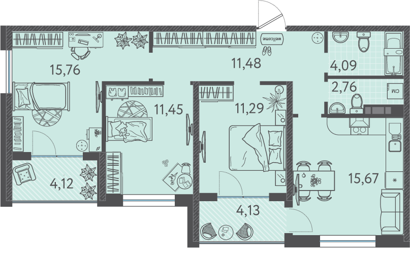 Планировка 3-комнатная 75,25 м²