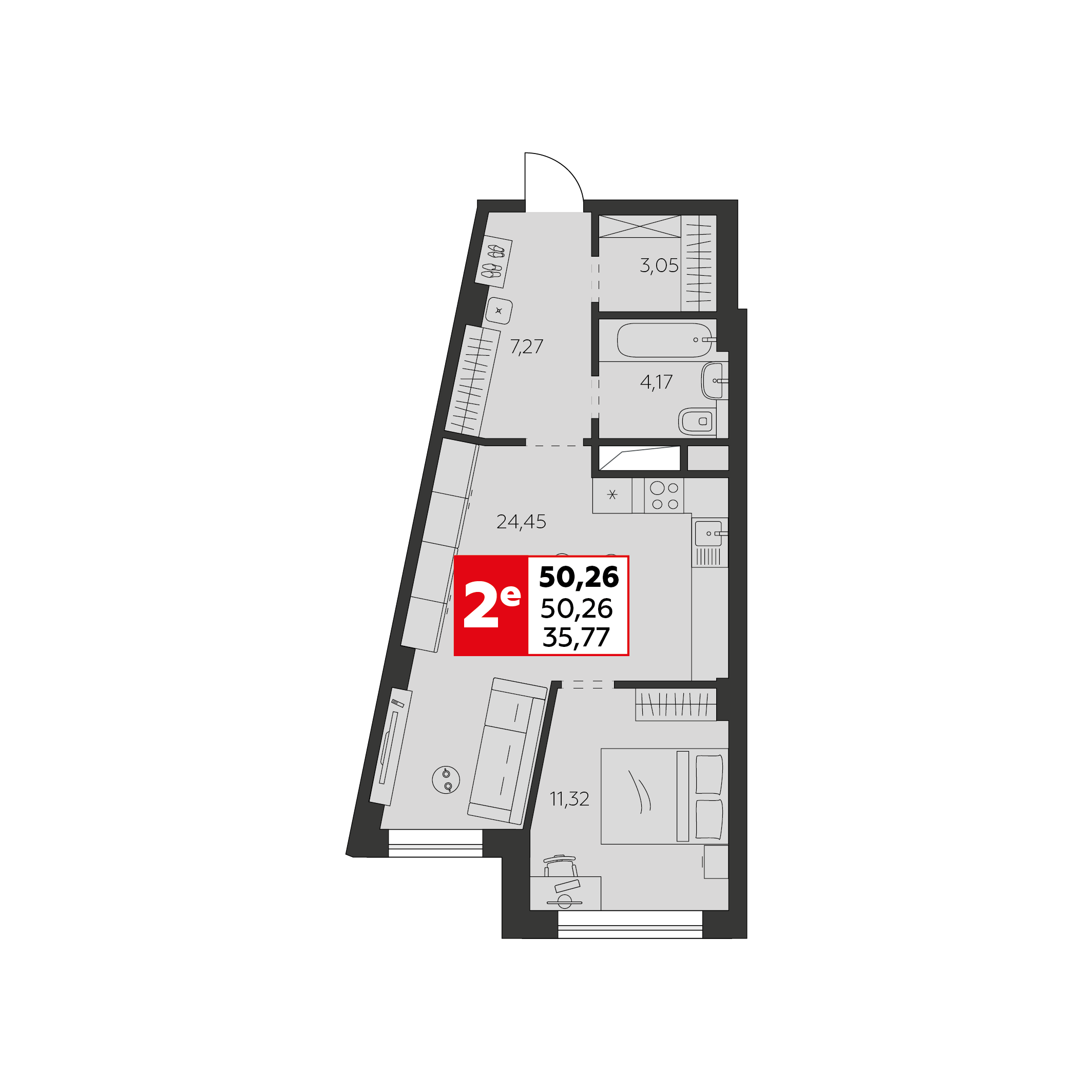 Планировка 2-комнатная 50,26 м²