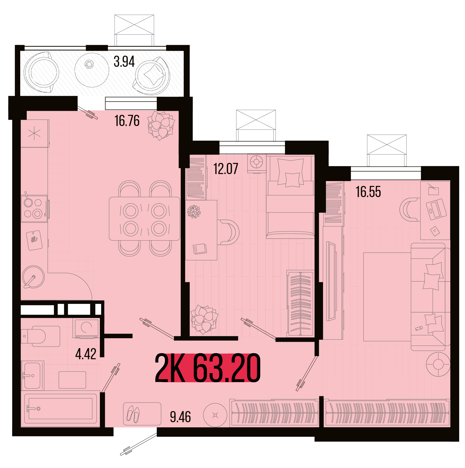Планировка 2-комнатная 61,6 м²