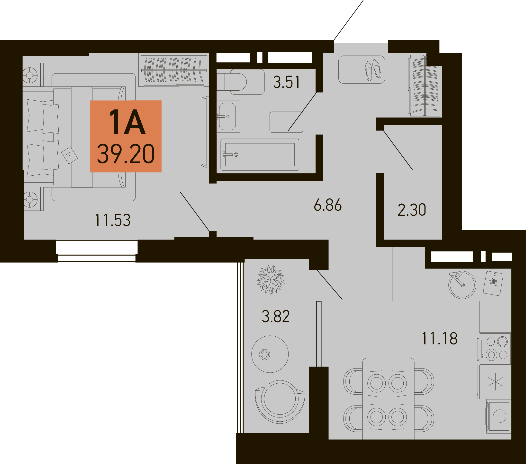 Планировка 1-комнатная 39,2 м²