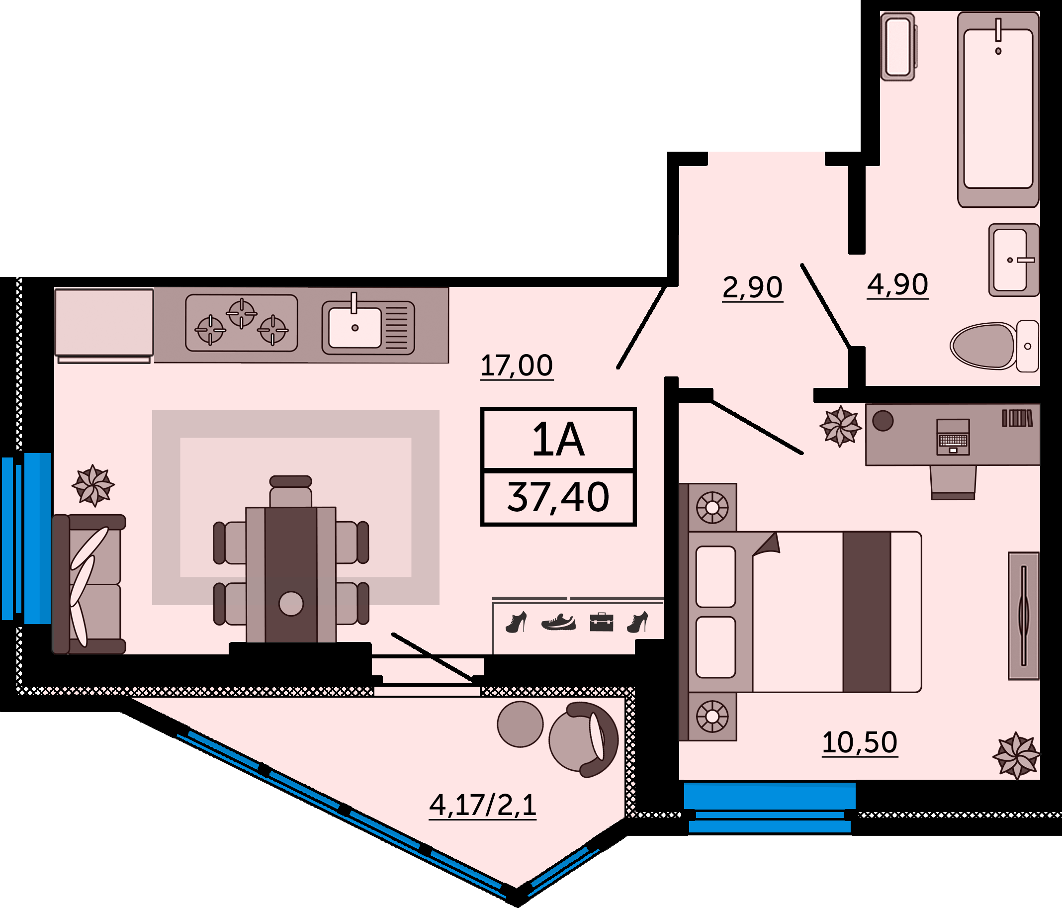Планировка 1-комнатная 37,3 м²