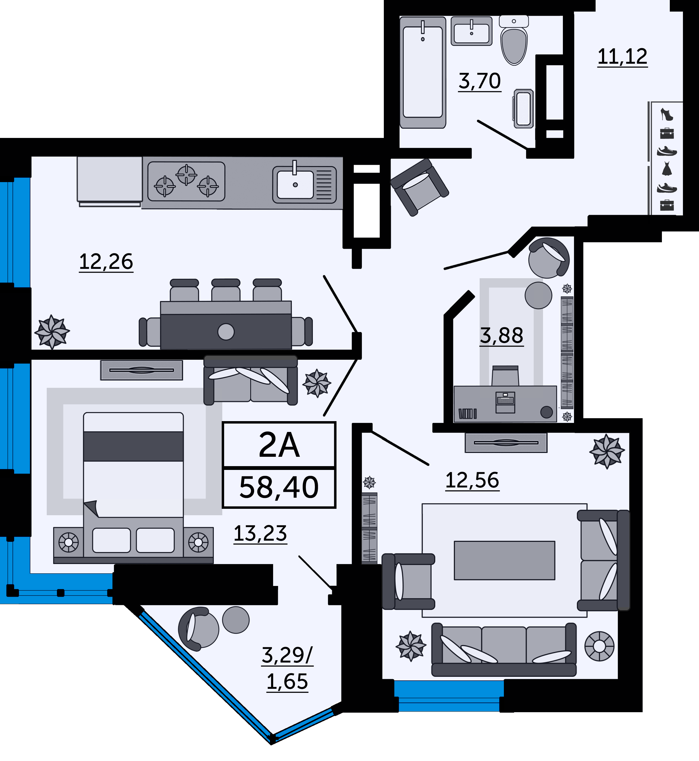 Планировка 2-комнатная 58,4 м²