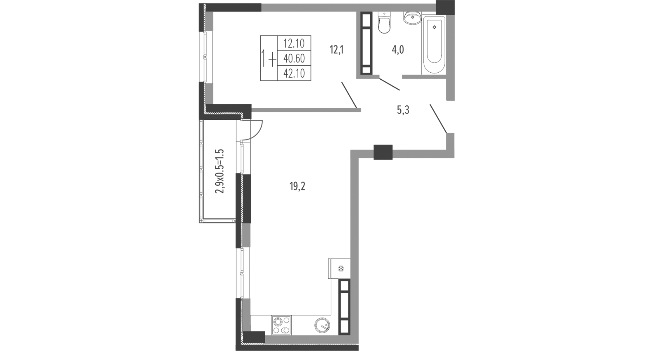 Планировка: 1-комн. квартира 43,5 м²