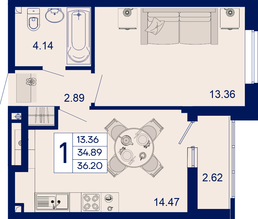 Планировка: 1-комн. квартира 36,2 м²