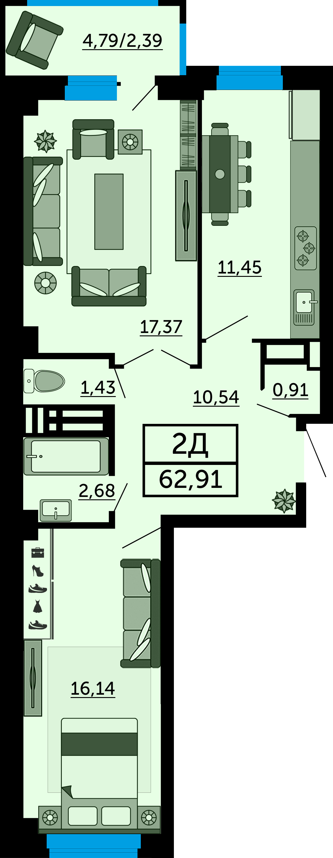 Планировка 2-комнатная 64 м²