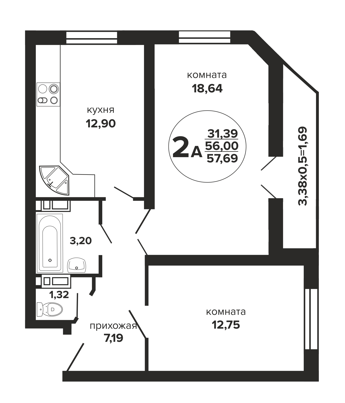 Планировка 2-комнатная 58,6 м²