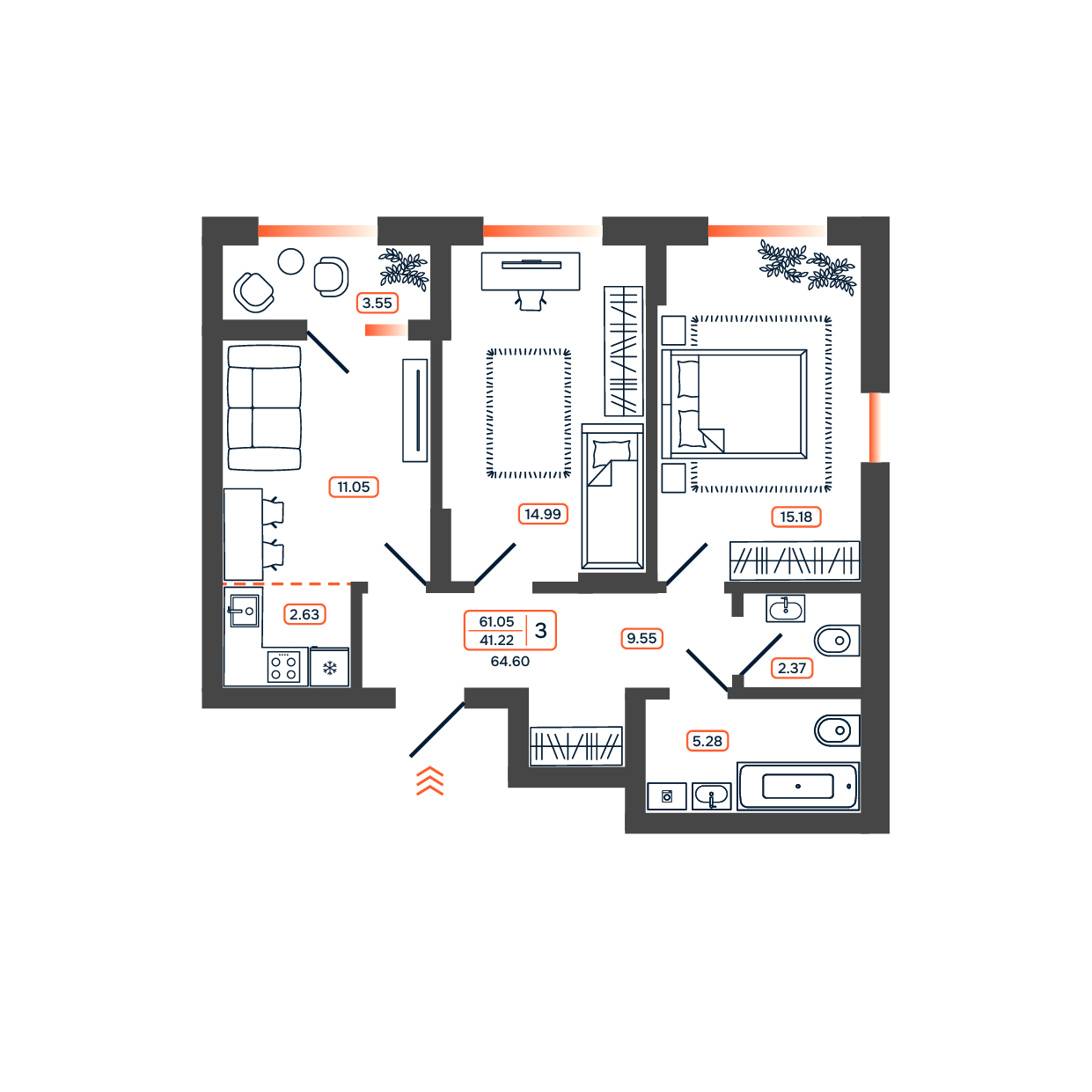 Планировка: 3-комн. квартира 64,6 м²