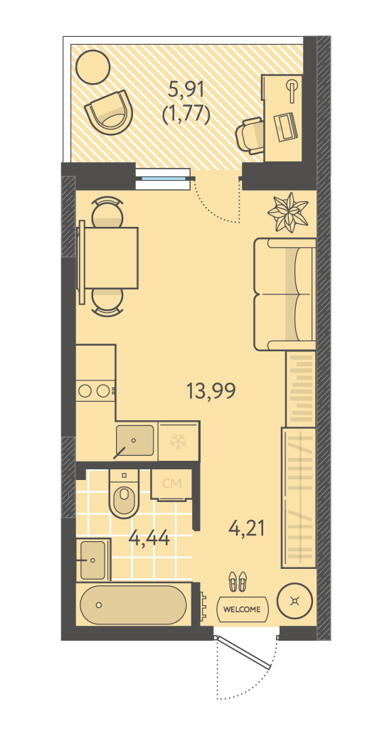 Планировка Студия 24,43 м²