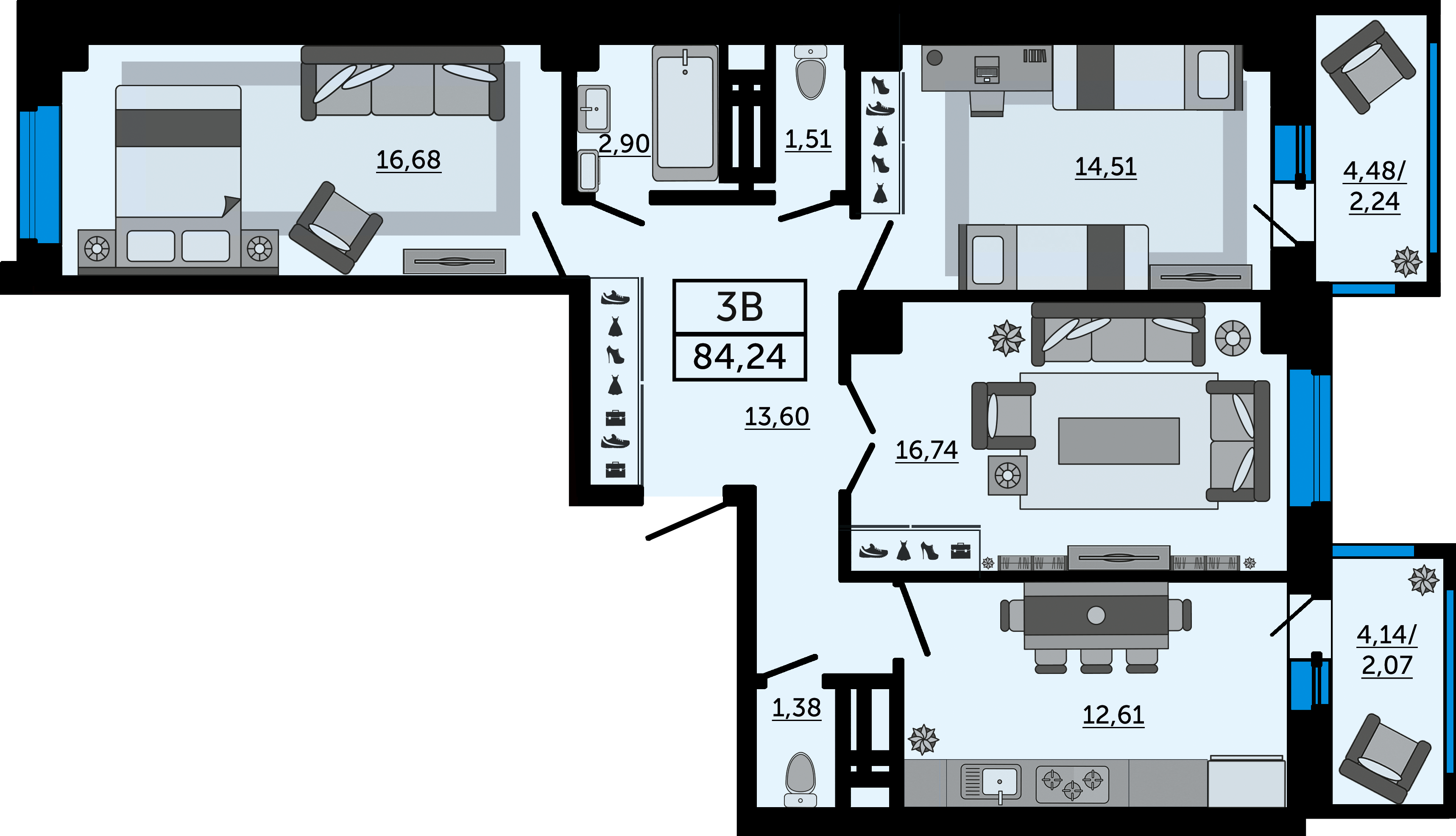 Планировка 3-комнатная 84,24 м²