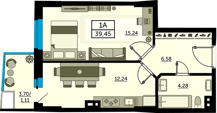 Планировка 1-комнатная 38,99 м²