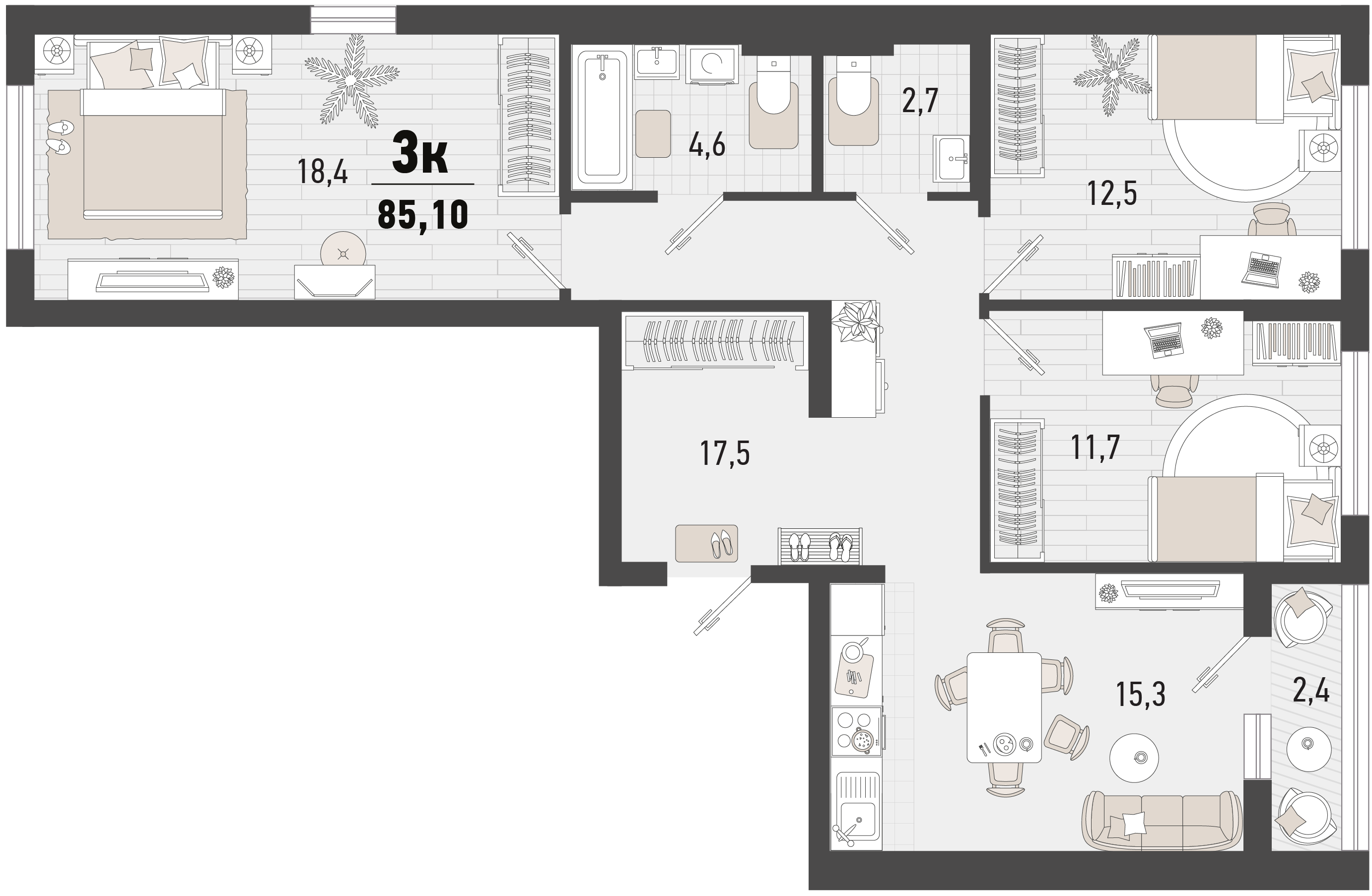 Планировка 3-комнатная 85,1 м²