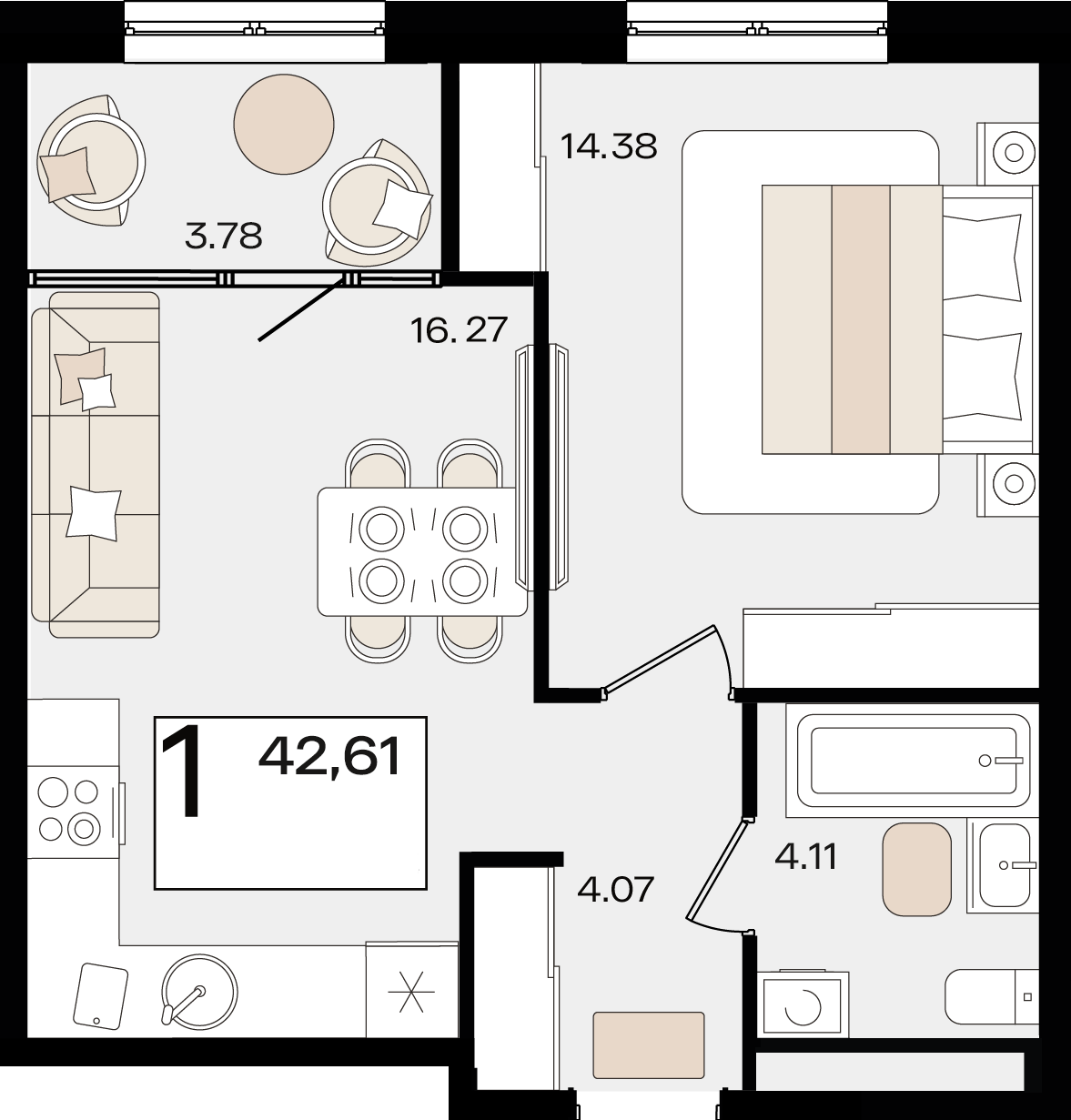 Планировка 1-комнатная 42,61 м²