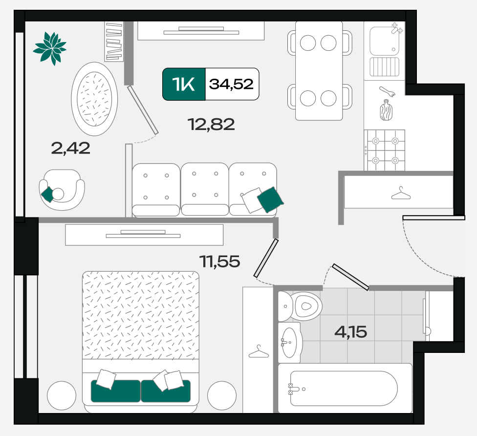 Планировка: 1-комн. квартира 34,5 м²