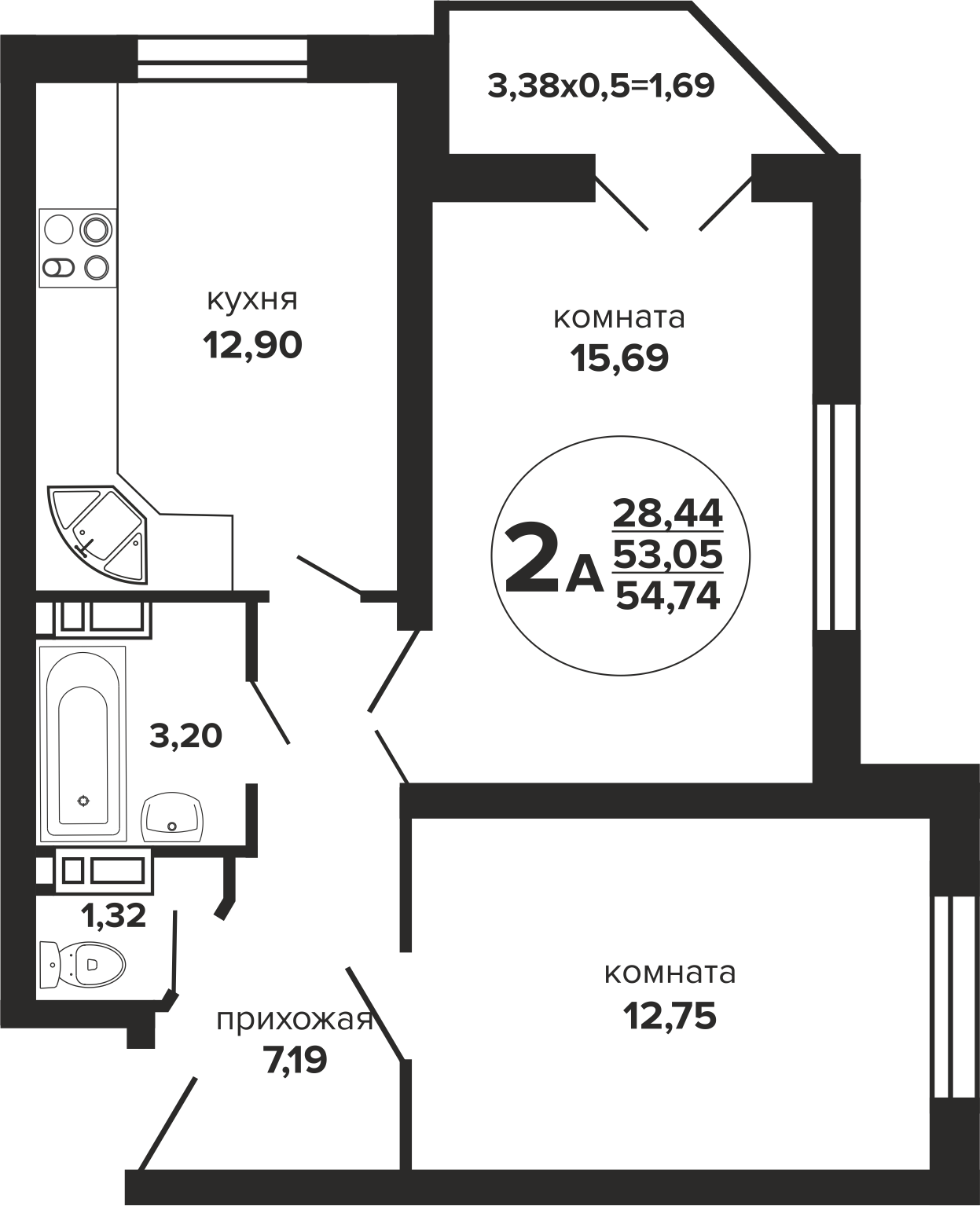 Планировка 2-комнатная 55,35 м²