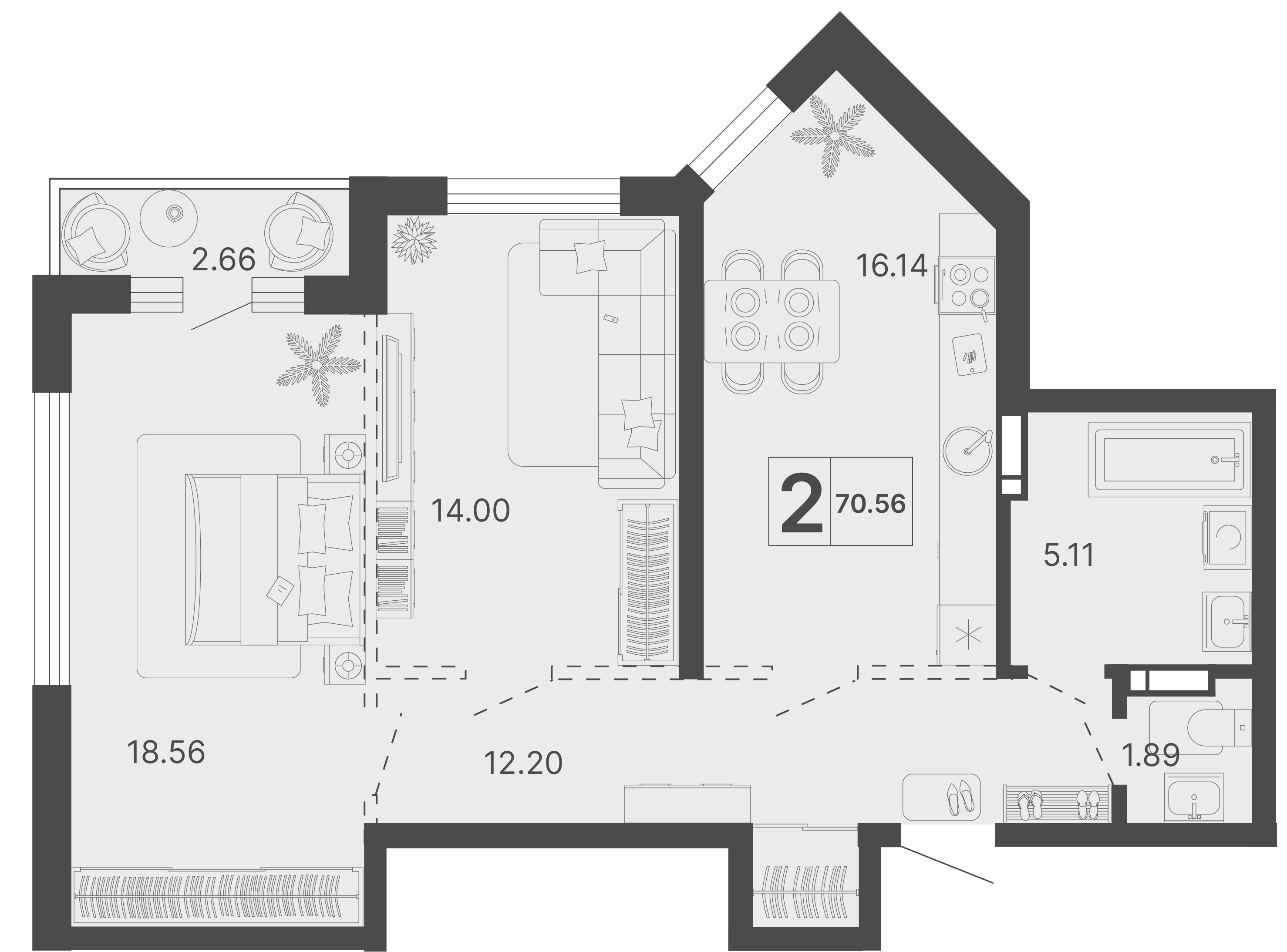 Планировка 2-комнатная 70,56 м²