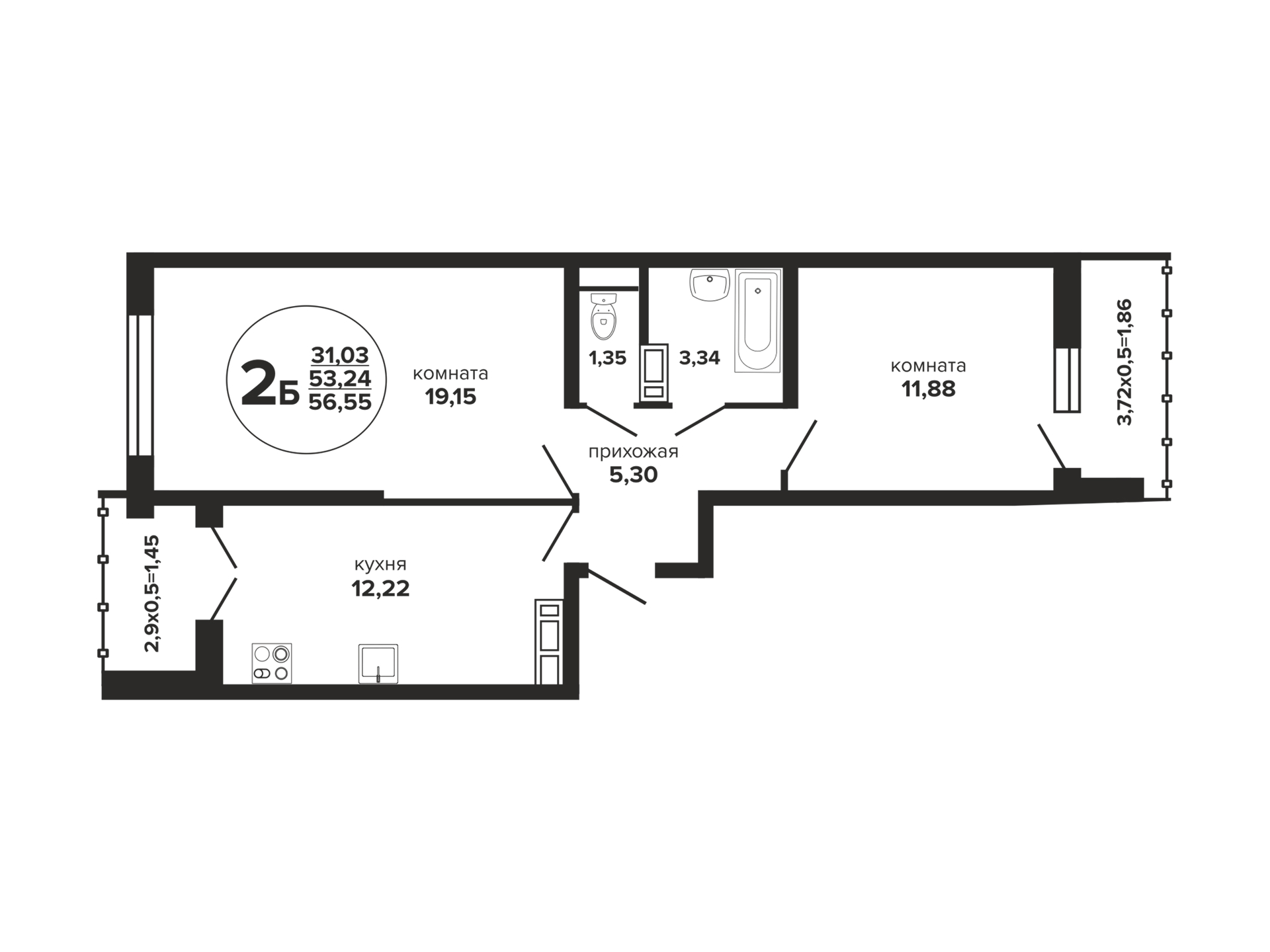 Планировка 2-комнатная 57,6 м²