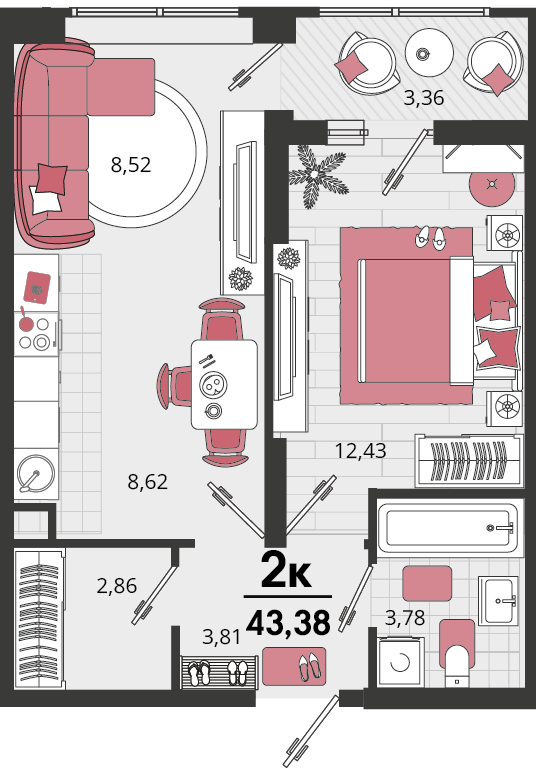 Планировка 2-комнатная 43,38 м²