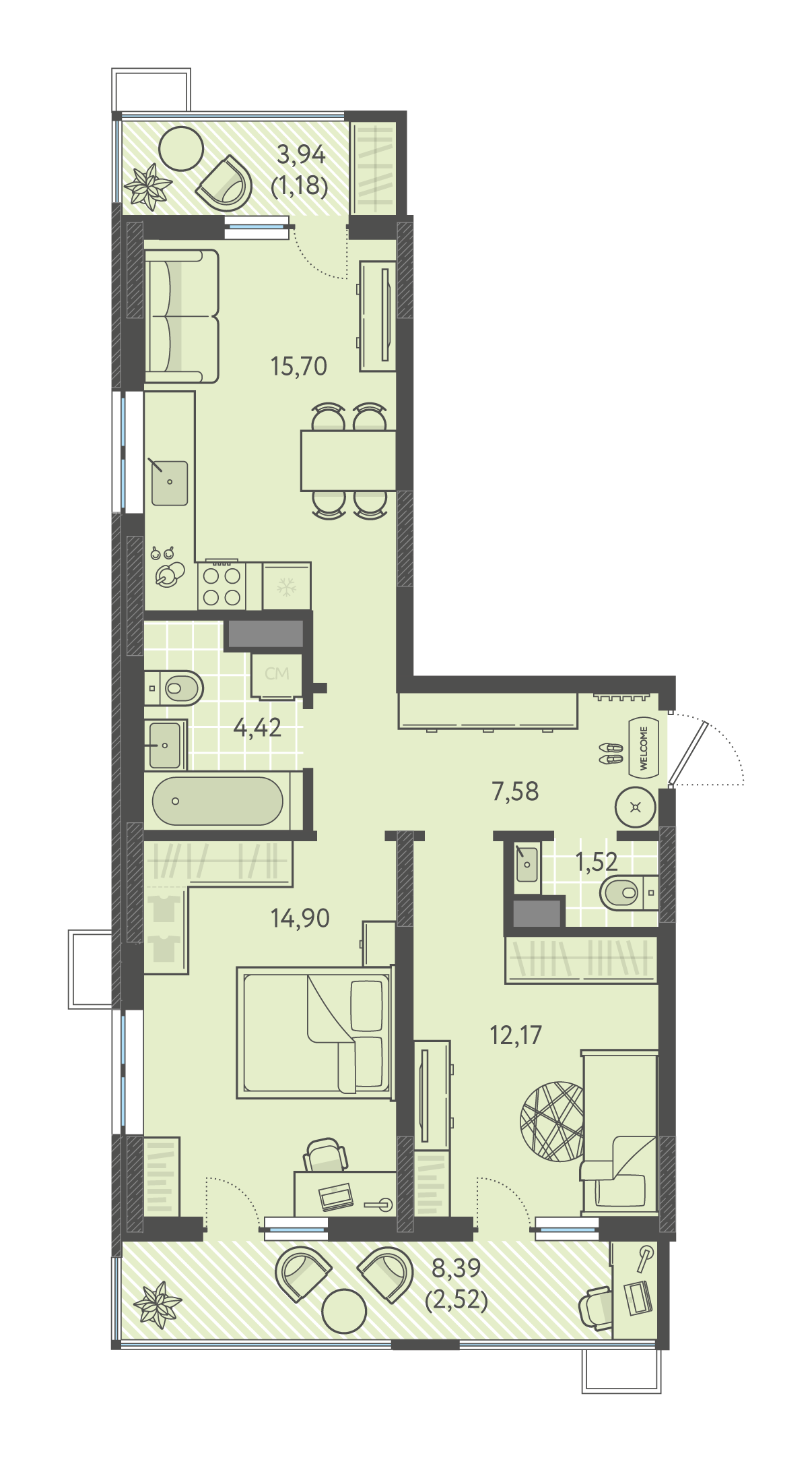 Планировка: 2-комн. квартира 60 м²