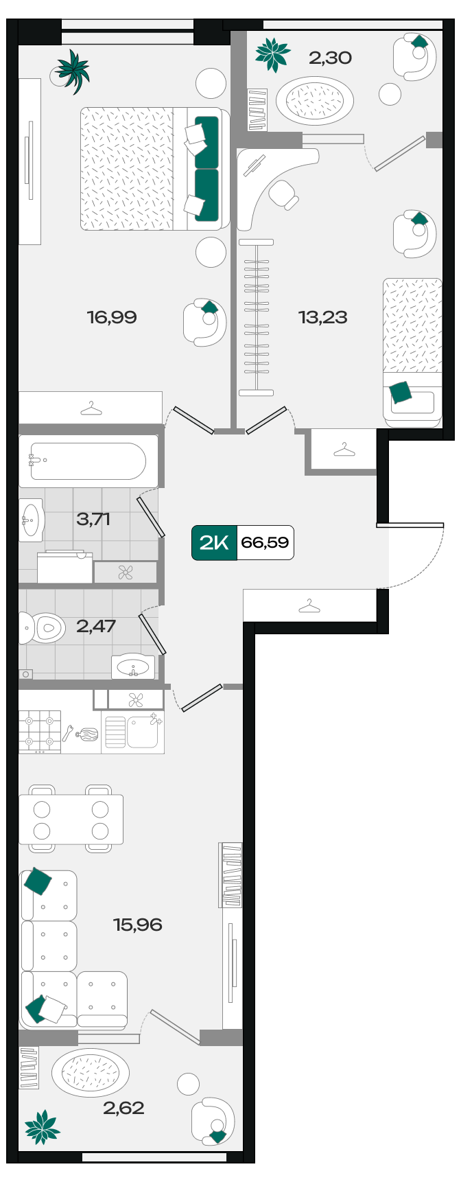 Планировка: 2-комн. квартира 66,6 м²