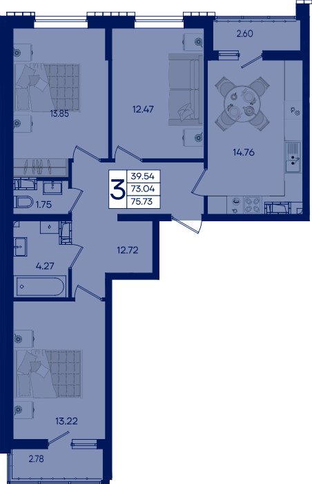 Планировка 3-комнатная 75,73 м²