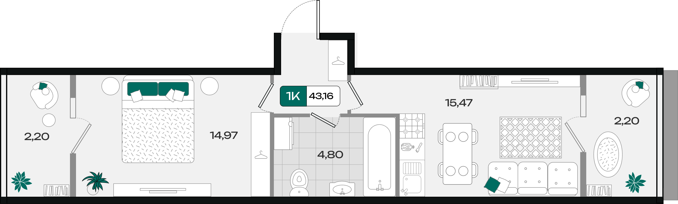 Планировка: 1-комн. квартира 43,2 м²