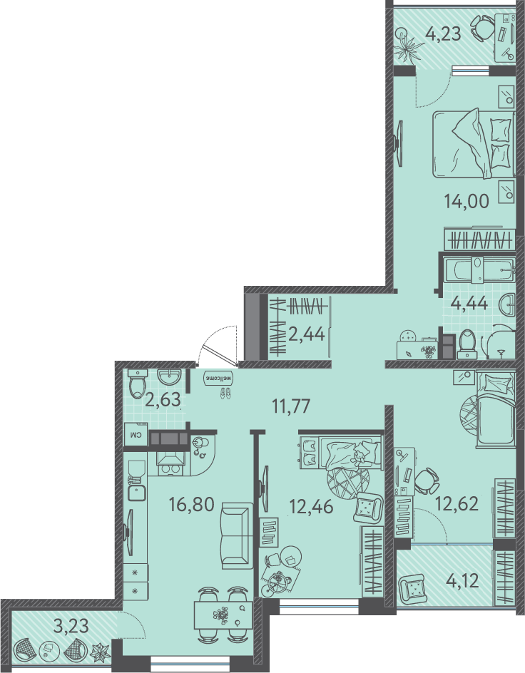 Планировка 3-комнатная 81,15 м²