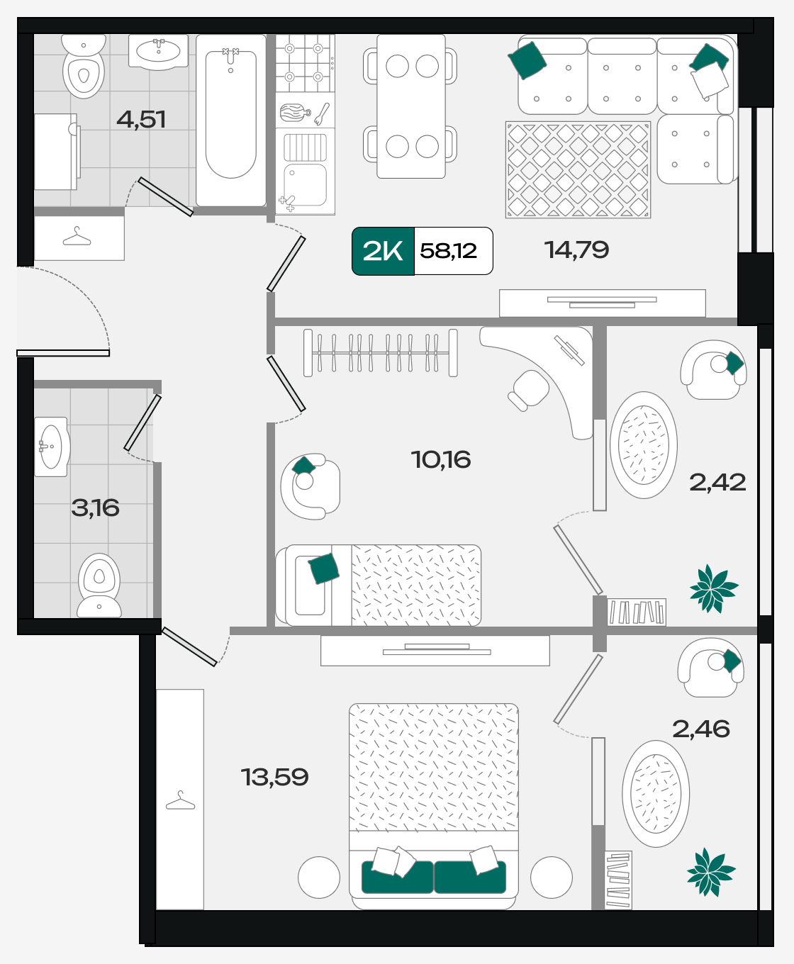Планировка: 2-комн. квартира 58,1 м²