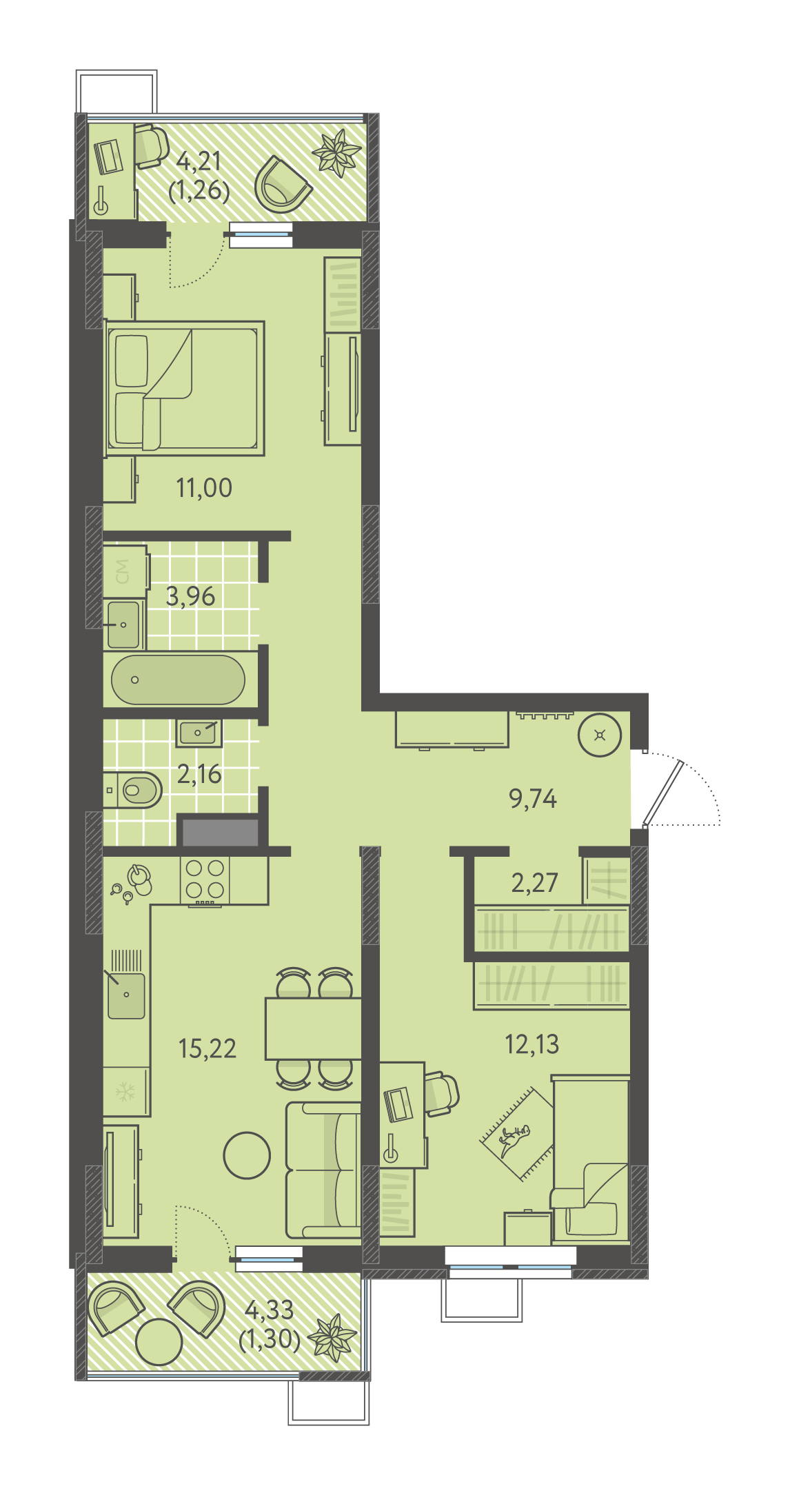 Планировка: 2-комн. квартира 59 м²