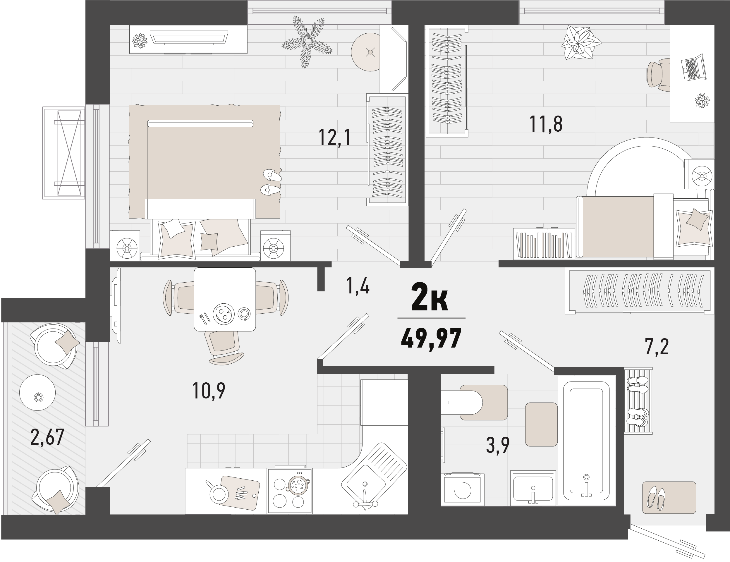 Планировка 2-комнатная 49,97 м²