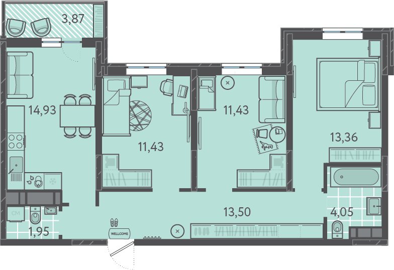 Планировка: 3-комн. квартира 71,5 м²