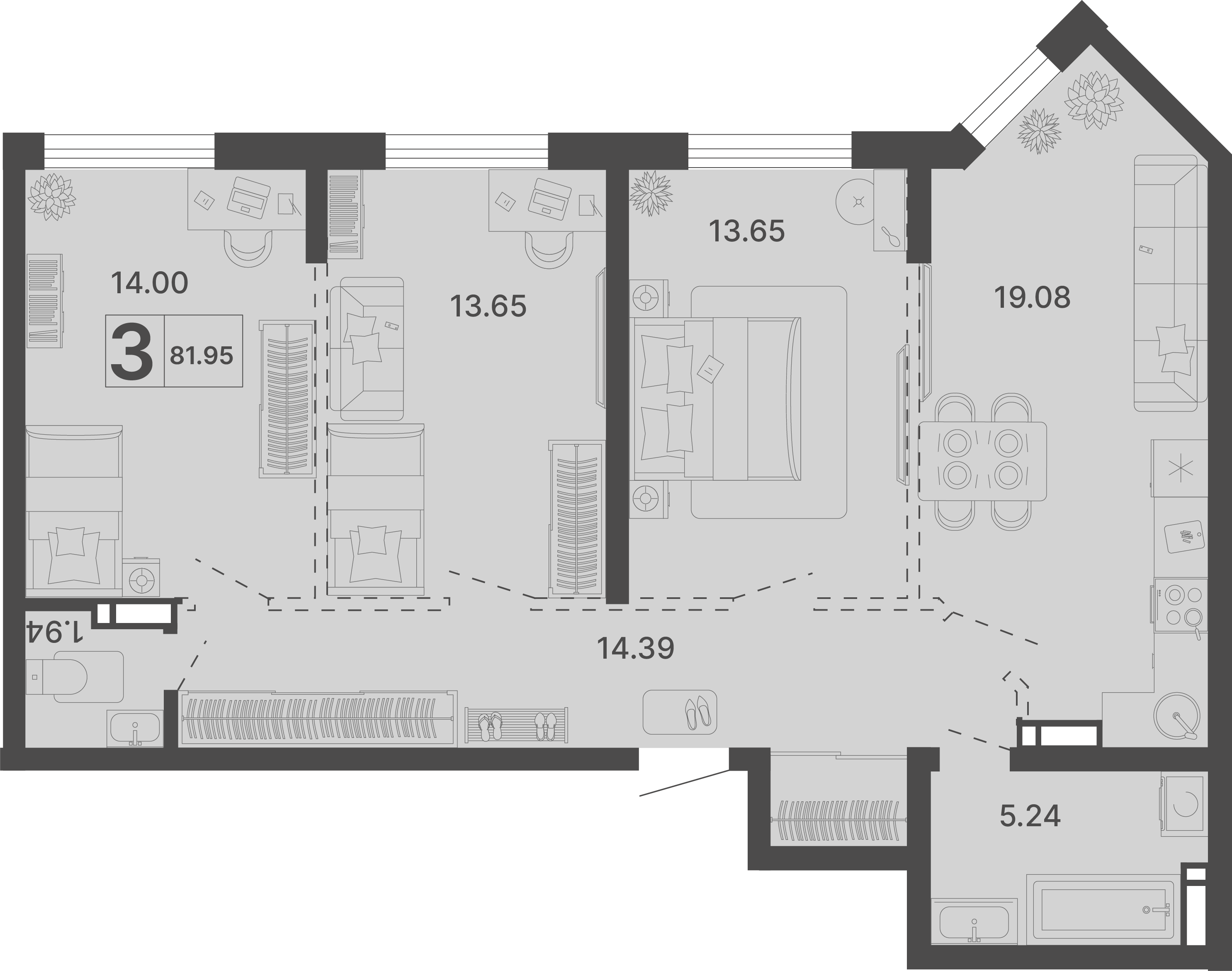 Планировка 3-комнатная 81,95 м²