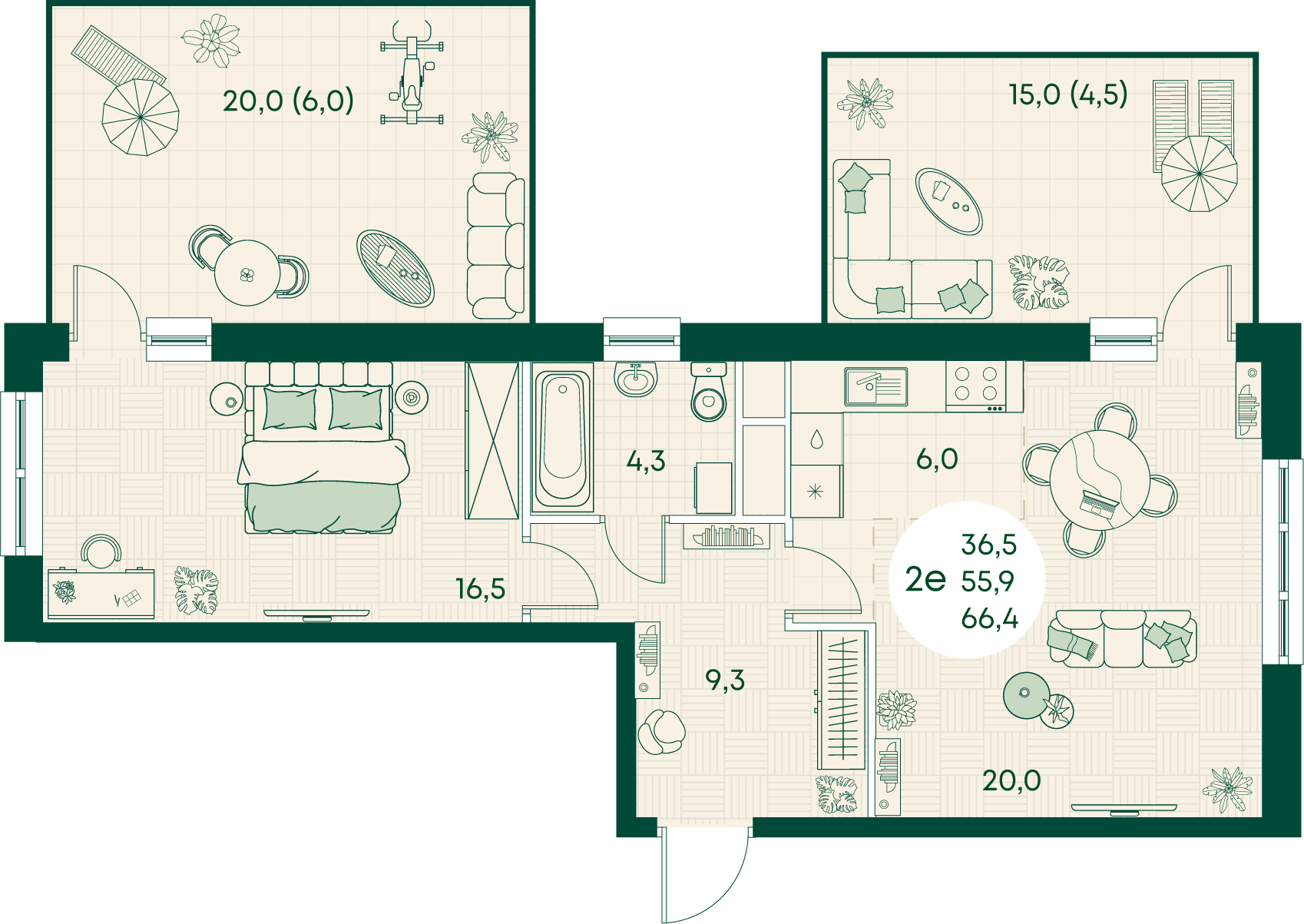 Планировка: 2-комн. квартира 66,4 м²