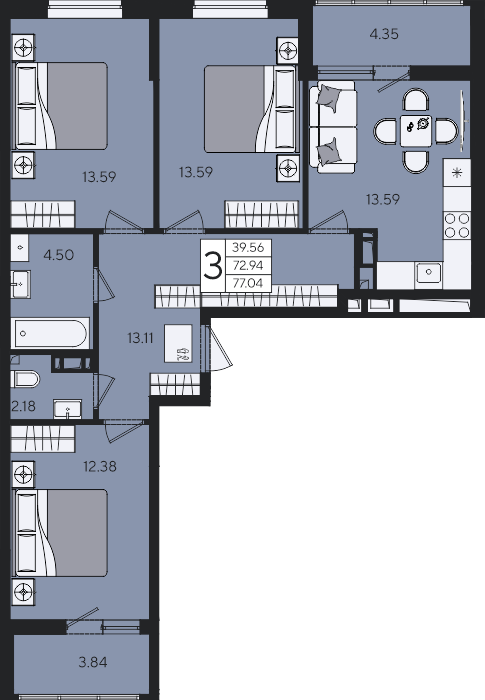 Планировка 3-комнатная 77,04 м²