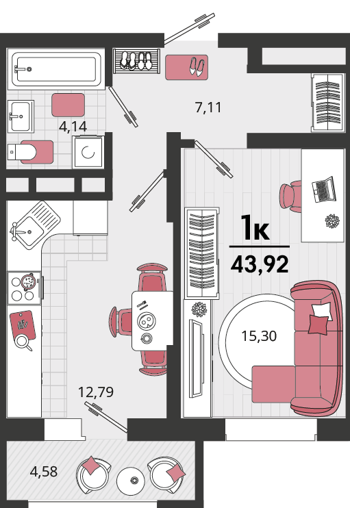 Планировка 1-комнатная 43,92 м²