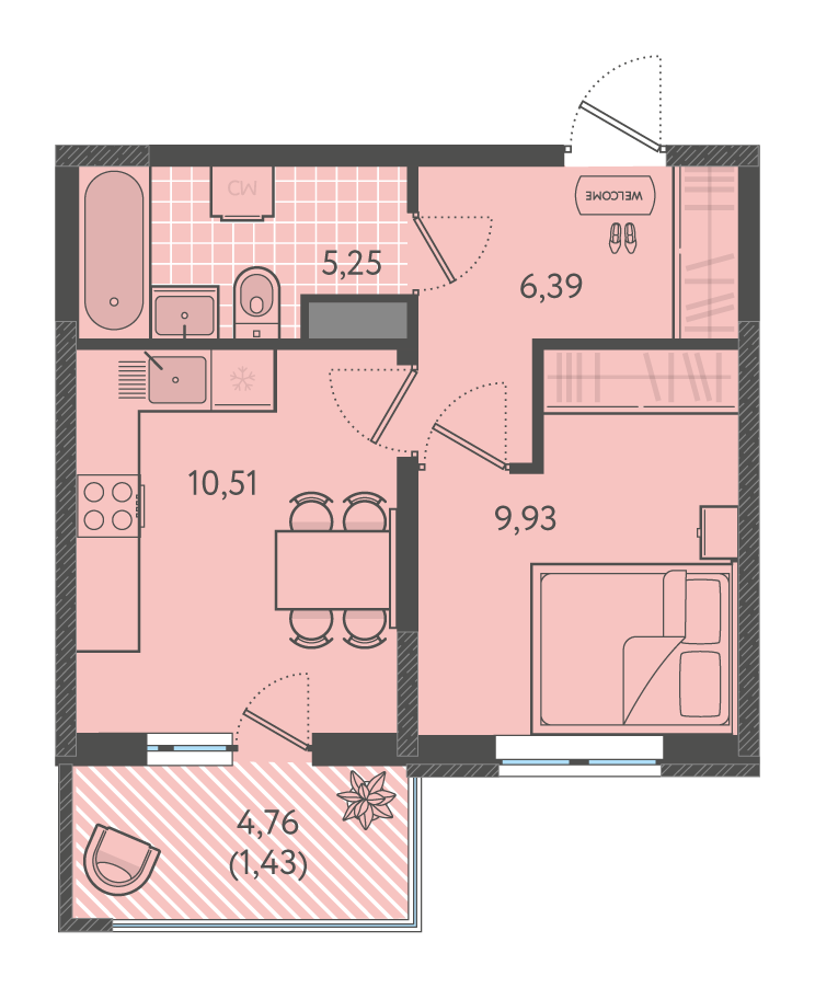 Планировка: 1-комн. квартира 33,9 м²