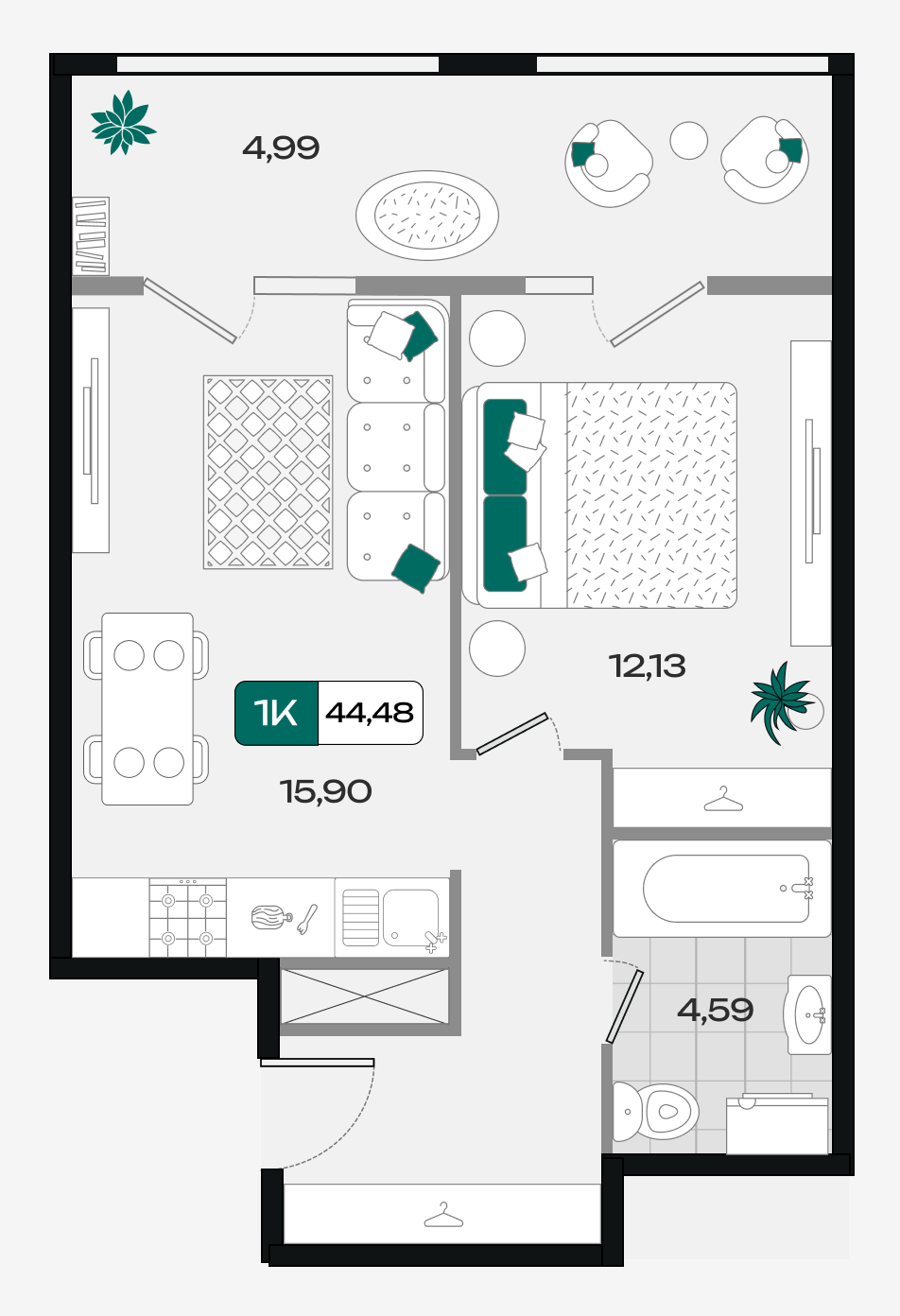 Планировка: 1-комн. квартира 44,5 м²