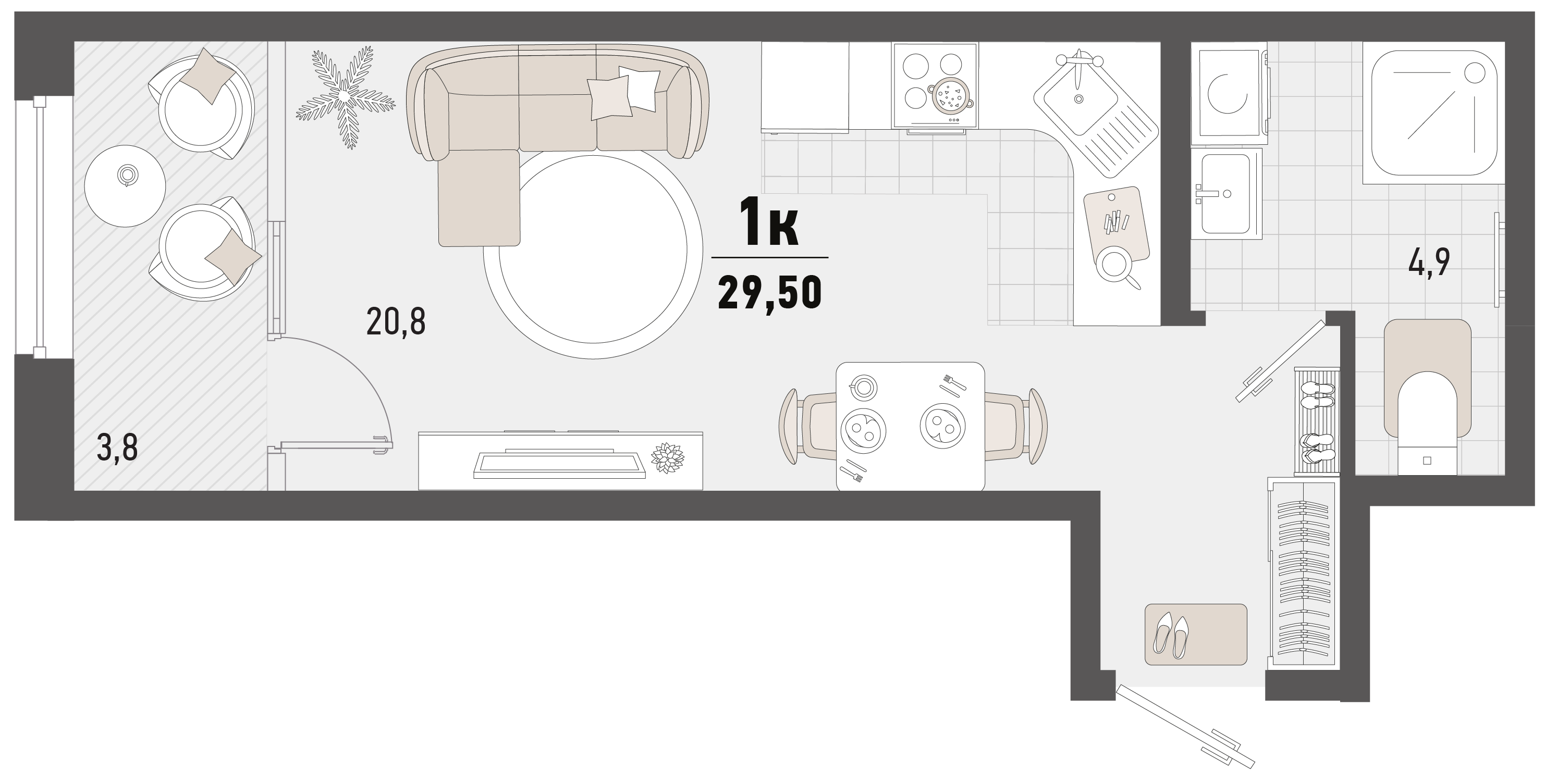 Планировка 1-комнатная 29,5 м²