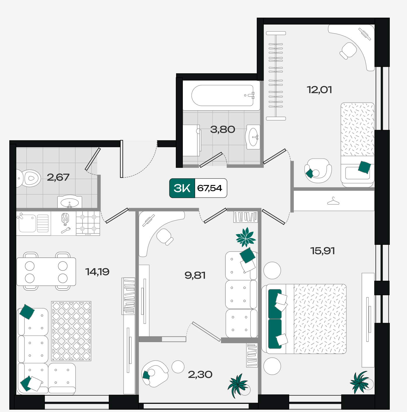 Планировка 3-комнатная 67,54 м²