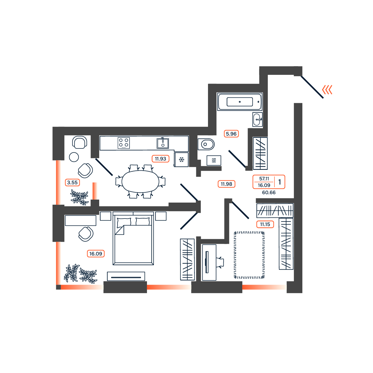 Планировка: 1-комн. квартира 60,7 м²