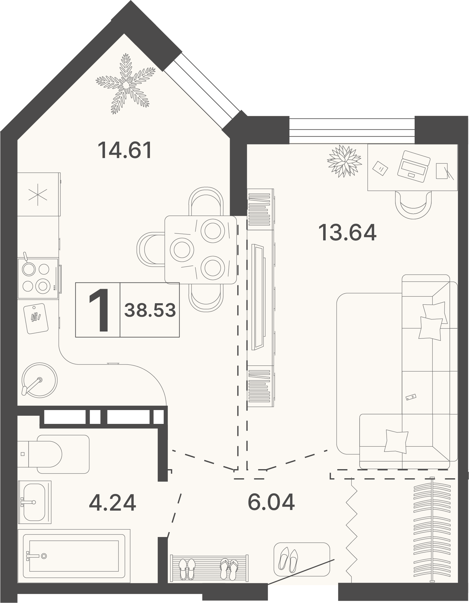 Планировка 1-комнатная 38,53 м²