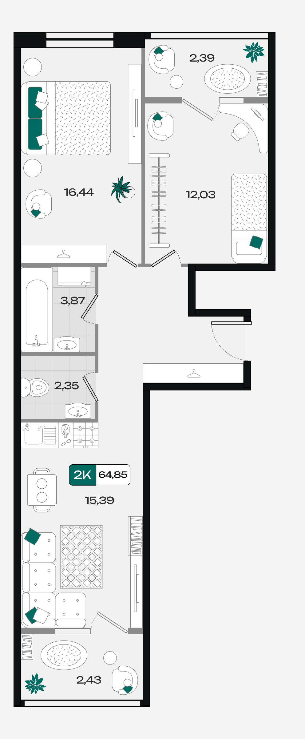 Планировка: 2-комн. квартира 64,9 м²
